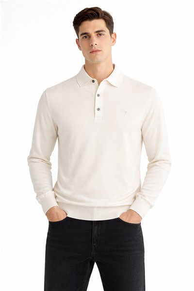 Giotelli Erkek Ekru Dar Kesim Slim Fit Yünlü Patlı Düğmeli Polo Yaka Triko Kazak