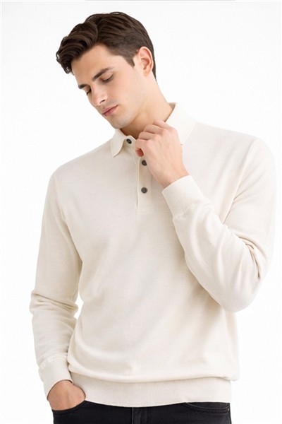 Giotelli Erkek Ekru Dar Kesim Slim Fit Yünlü Patlı Düğmeli Polo Yaka Triko Kazak