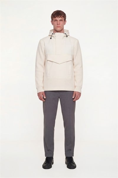 Giotelli Erkek Ekru Normal Kesim Regular Fit Fleto Kapaklı Cep Kapişonlu Sweatshirt