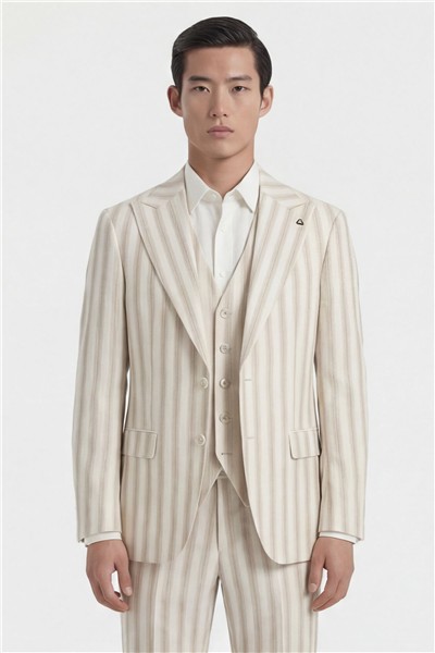 Giotelli Erkek Koyu Ekru Dar Kesim Slim Fit Viskon Çizgili Dokuma Fleto Kapaklı Cep Normal Bel 8 Drop Yelekli Klasik Takım Elbise