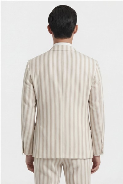 Giotelli Erkek Koyu Ekru Dar Kesim Slim Fit Viskon Çizgili Dokuma Fleto Kapaklı Cep Normal Bel 8 Drop Yelekli Klasik Takım Elbise