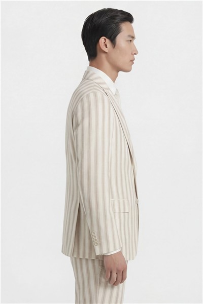 Giotelli Erkek Koyu Ekru Dar Kesim Slim Fit Viskon Çizgili Dokuma Fleto Kapaklı Cep Normal Bel 8 Drop Yelekli Klasik Takım Elbise