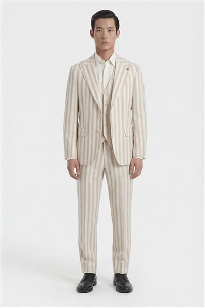 Giotelli Erkek Koyu Ekru Dar Kesim Slim Fit Viskon Çizgili Dokuma Fleto Kapaklı Cep Normal Bel 8 Drop Yelekli Klasik Takım Elbise