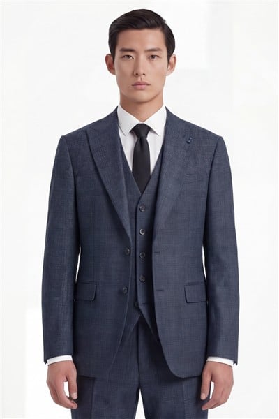 Giotelli Erkek Lacivert Dar Kesim Slim Fit Viskon Dokuma Normal Bel 10 Drop Yelekli Klasik Takım Elbise