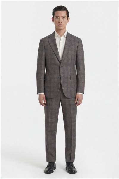 Giotelli Erkek Kahve Dar Kesim Slim Fit Viskon Fleto Kapaklı Cep Normal Bel 6 Drop Klasik Takım Elbise