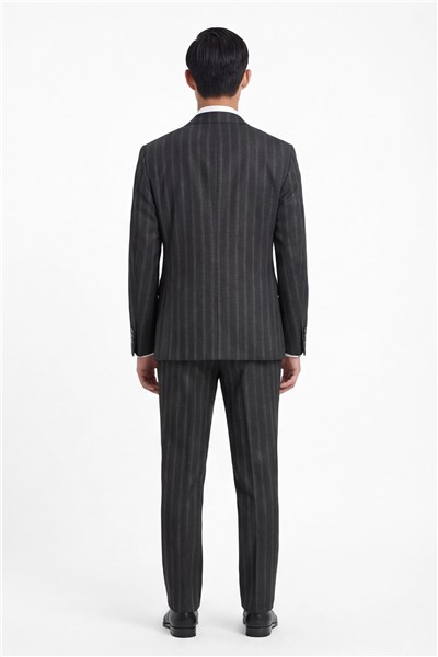 Giotelli Erkek Siyah Dar Kesim Slim Fit Viskon Çizgili Dokuma Fleto Kapaklı Cep Normal Bel 8 Drop Yelekli Klasik Takım Elbise