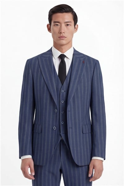 Giotelli Erkek Lacivert Dar Kesim Slim Fit Viskon Çizgili Dokuma Fleto Kapaklı Cep Normal Bel 8 Drop Yelekli Klasik Takım Elbise