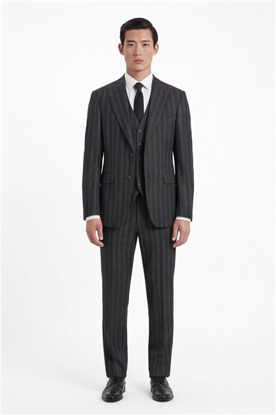 Giotelli Erkek Siyah Dar Kesim Slim Fit Viskon Çizgili Dokuma Fleto Kapaklı Cep Normal Bel 8 Drop Yelekli Klasik Takım Elbise