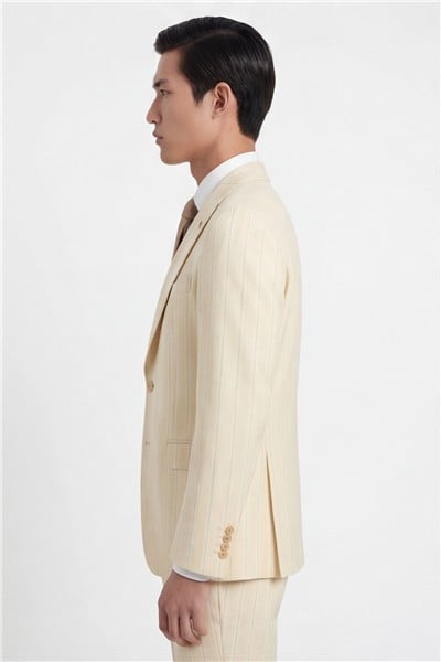 Giotelli Erkek Bej Dar Kesim Slim Fit Viskon Çizgili Dokuma Fleto Kapaklı Cep Normal Bel 8 Drop Yelekli Klasik Takım Elbise