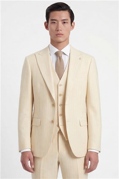 Giotelli Erkek Bej Dar Kesim Slim Fit Viskon Çizgili Dokuma Fleto Kapaklı Cep Normal Bel 8 Drop Yelekli Klasik Takım Elbise