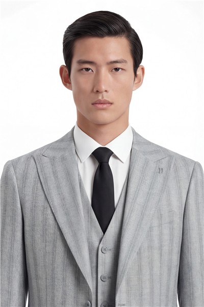 Giotelli Erkek Gri Dar Kesim Slim Fit Viskon Çizgili Dokuma Fleto Kapaklı Cep Normal Bel 8 Drop Yelekli Klasik Takım Elbise