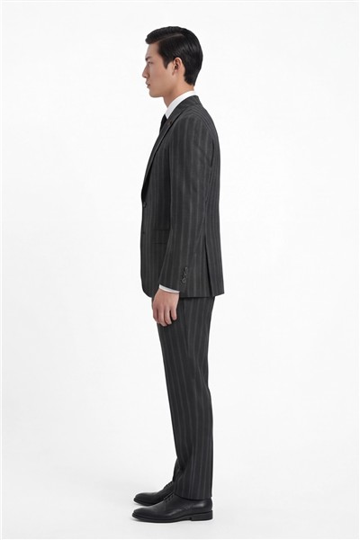 Giotelli Erkek Siyah Dar Kesim Slim Fit Viskon Çizgili Dokuma Fleto Kapaklı Cep Normal Bel 8 Drop Yelekli Klasik Takım Elbise