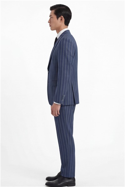 Giotelli Erkek Lacivert Dar Kesim Slim Fit Viskon Çizgili Dokuma Fleto Kapaklı Cep Normal Bel 8 Drop Yelekli Klasik Takım Elbise