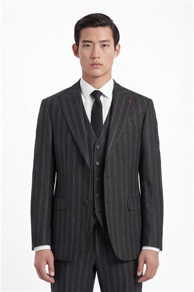 Giotelli Erkek Siyah Dar Kesim Slim Fit Viskon Çizgili Dokuma Fleto Kapaklı Cep Normal Bel 8 Drop Yelekli Klasik Takım Elbise