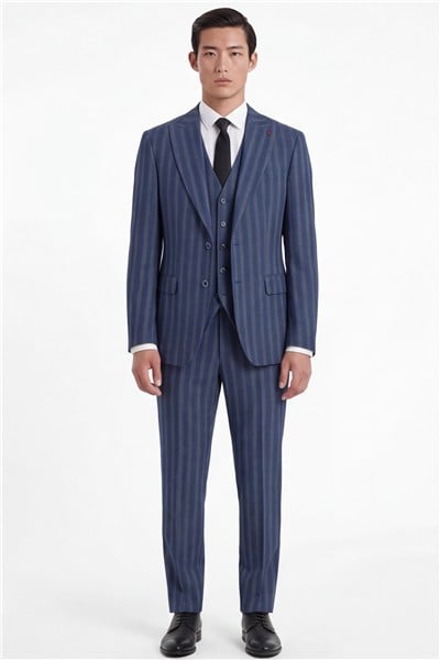 Giotelli Erkek Lacivert Dar Kesim Slim Fit Viskon Çizgili Dokuma Fleto Kapaklı Cep Normal Bel 8 Drop Yelekli Klasik Takım Elbise