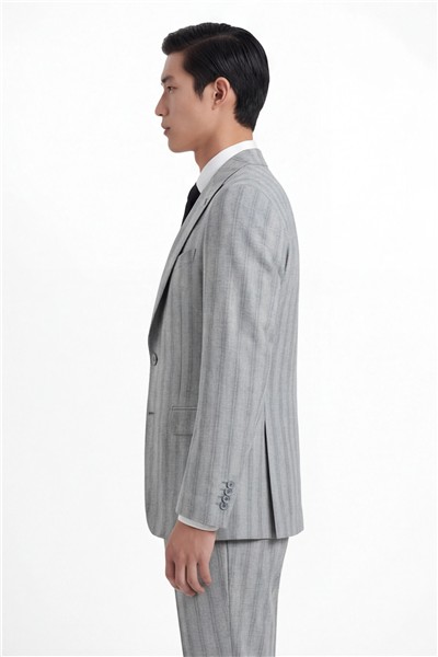 Giotelli Erkek Gri Dar Kesim Slim Fit Viskon Çizgili Dokuma Fleto Kapaklı Cep Normal Bel 8 Drop Yelekli Klasik Takım Elbise