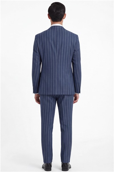 Giotelli Erkek Lacivert Dar Kesim Slim Fit Viskon Çizgili Dokuma Fleto Kapaklı Cep Normal Bel 8 Drop Yelekli Klasik Takım Elbise