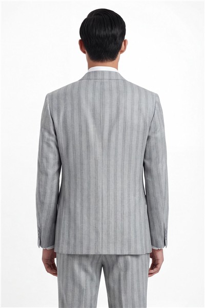 Giotelli Erkek Gri Dar Kesim Slim Fit Viskon Çizgili Dokuma Fleto Kapaklı Cep Normal Bel 8 Drop Yelekli Klasik Takım Elbise