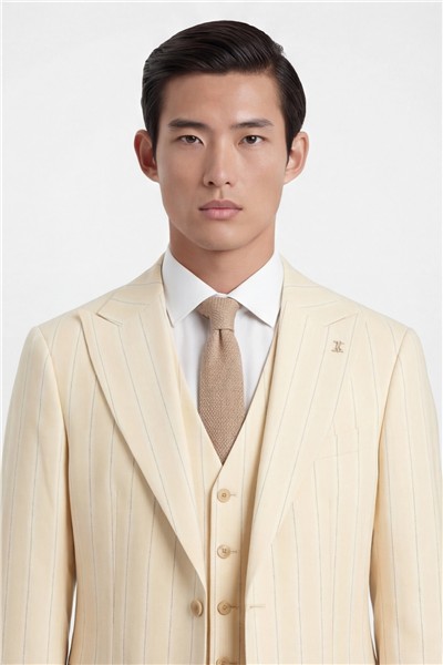 Giotelli Erkek Bej Dar Kesim Slim Fit Viskon Çizgili Dokuma Fleto Kapaklı Cep Normal Bel 8 Drop Yelekli Klasik Takım Elbise