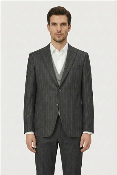 Giotelli Erkek Antrasit Roma Kalıp Çizgili Sivri Yaka 6 Drop Astarsız Standart Boy Ceket