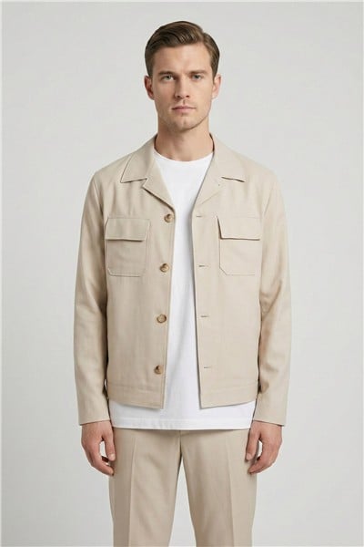 Giotelli Bej Roma Kalıp Keten Karışımlı Ceket Yaka 6 Drop Tam Astarlı Erkek Takım Elbise