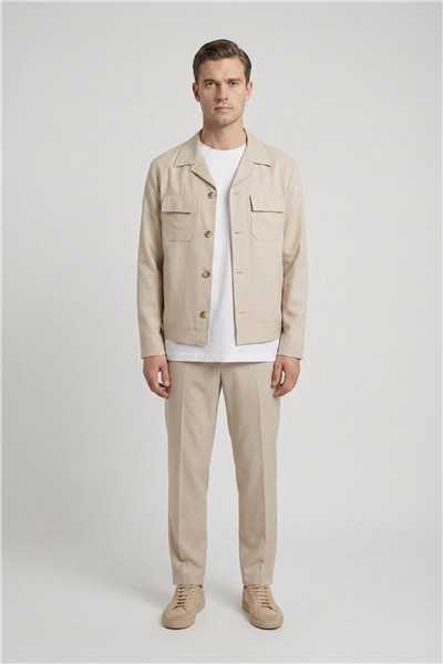 Giotelli Bej Roma Kalıp Keten Karışımlı Ceket Yaka 6 Drop Tam Astarlı Erkek Takım Elbise