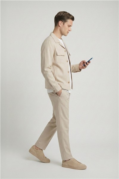 Giotelli Bej Roma Kalıp Keten Karışımlı Ceket Yaka 6 Drop Tam Astarlı Erkek Takım Elbise