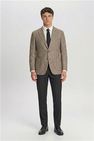 Giotelli Erkek Bej Roma Kalıp Çizgili Sivri Yaka 6 Drop Astarsız Standart Boy Ceket