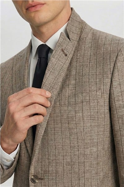 Giotelli Erkek Bej Roma Kalıp Çizgili Sivri Yaka 6 Drop Astarsız Standart Boy Ceket