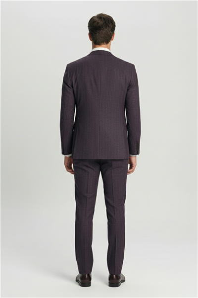 Giotelli Erkek Bordo Dar Kesim Roma Kalıp Viskon Çizgili Mono Yaka Çift Yırtmaçlı Tam Astarlı 8 Drop Yelekli Takım Elbise 
