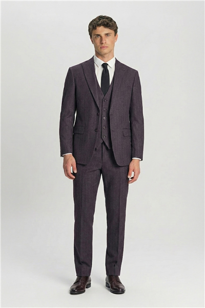 Giotelli Erkek Bordo Dar Kesim Roma Kalıp Viskon Çizgili Mono Yaka Çift Yırtmaçlı Tam Astarlı 8 Drop Yelekli Takım Elbise 