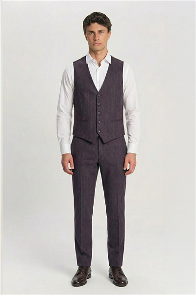Giotelli Erkek Bordo Dar Kesim Roma Kalıp Viskon Çizgili Mono Yaka Çift Yırtmaçlı Tam Astarlı 8 Drop Yelekli Takım Elbise 