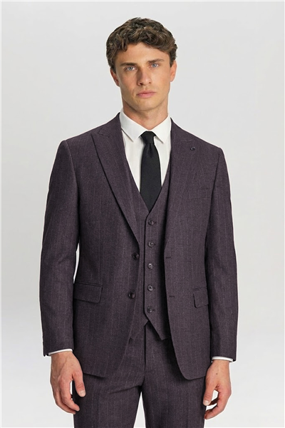 Giotelli Erkek Bordo Dar Kesim Roma Kalıp Viskon Çizgili Mono Yaka Çift Yırtmaçlı Tam Astarlı 8 Drop Yelekli Takım Elbise 