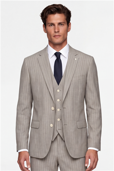 Giotelli Erkek Açık Bej Dar Kesim Slim Fit Viskon Çizgili Mono Yaka 8 Drop Yelekli Takım Elbise