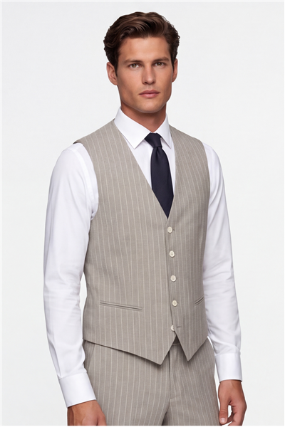 Giotelli Erkek Açık Bej Dar Kesim Slim Fit Viskon Çizgili Mono Yaka 8 Drop Yelekli Takım Elbise