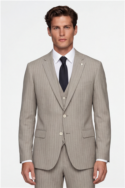 Giotelli Erkek Açık Bej Dar Kesim Slim Fit Viskon Çizgili Mono Yaka 8 Drop Yelekli Takım Elbise