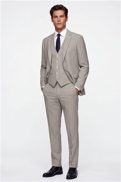 Giotelli Erkek Açık Bej Dar Kesim Slim Fit Viskon Çizgili Mono Yaka 8 Drop Yelekli Takım Elbise