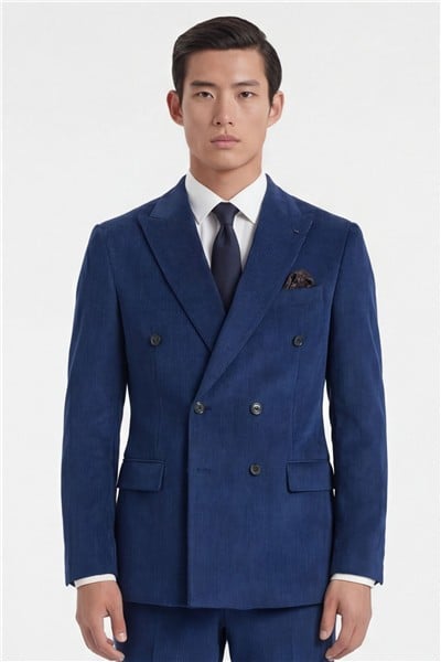 Giotelli Erkek Açık Lacivert Dar Kesim Slim Fit %100 Kadife Kruvaze Yaka Fleto Cepli 6 Drop Klasik Takım Elbise