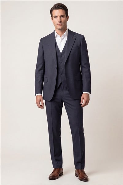 Giotelli Erkek Açık Lacivert Dar Kesim Slim Fit Viskon Çizgili Mono Yaka Çift Yırtmaçlı Tam Astarlı 6 Drop Yelekli Takım Elbise