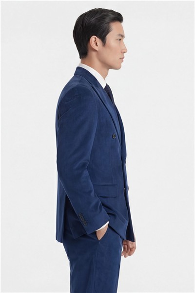 Giotelli Erkek Açık Lacivert Dar Kesim Slim Fit %100 Kadife Kruvaze Yaka Fleto Cepli 6 Drop Klasik Takım Elbise