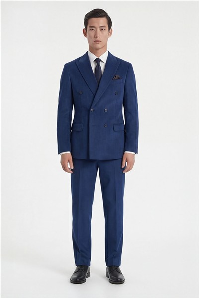 Giotelli Erkek Açık Lacivert Dar Kesim Slim Fit %100 Kadife Kruvaze Yaka Fleto Cepli 6 Drop Klasik Takım Elbise