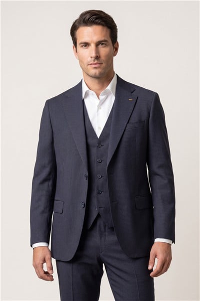 Giotelli Erkek Açık Lacivert Dar Kesim Slim Fit Viskon Çizgili Mono Yaka Çift Yırtmaçlı Tam Astarlı 6 Drop Yelekli Takım Elbise