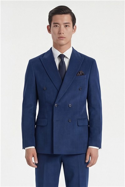 Giotelli Erkek Açık Lacivert Dar Kesim Slim Fit %100 Kadife Kruvaze Yaka Fleto Cepli 6 Drop Klasik Takım Elbise