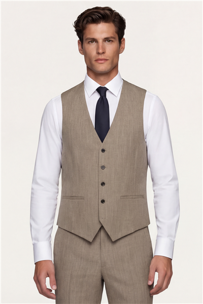 Giotelli Erkek Bej Dar Kesim Slim Fit Viskon 6 Drop Yelekli Takım Elbise