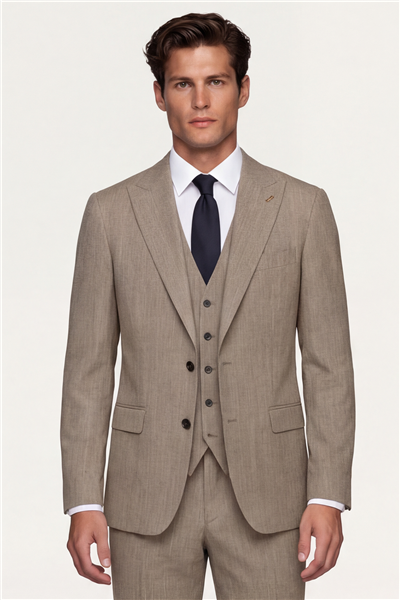 Giotelli Erkek Bej Dar Kesim Slim Fit Viskon 6 Drop Yelekli Takım Elbise