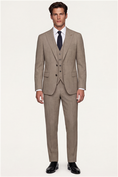 Giotelli Erkek Bej Dar Kesim Slim Fit Viskon 6 Drop Yelekli Takım Elbise