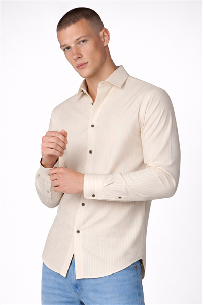 Giotelli Erkek Bej Geniş Kesim Oversize Fit Keten Çizgili Uzun Kollu Klasik Yaka Gömlek