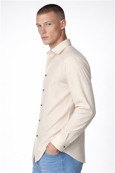 Giotelli Erkek Bej Geniş Kesim Oversize Fit Keten Çizgili Uzun Kollu Klasik Yaka Gömlek