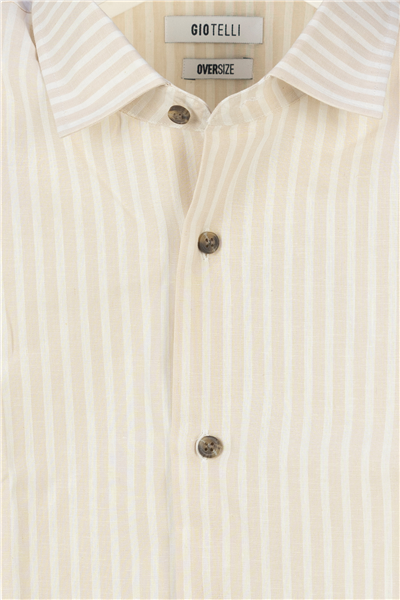 Giotelli Erkek Bej Geniş Kesim Oversize Fit Keten Çizgili Uzun Kollu Klasik Yaka Gömlek