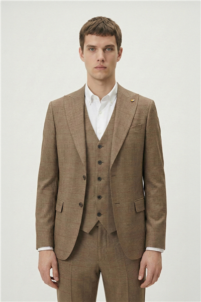 Giotelli Erkek Haki Dar Kesim Slim Fit Viskon Dokuma Ekose Çift Yırtmaçlı Kemerli Bel Tam Astarlı Mono Yaka 6 Drop 5li Takım Elbise